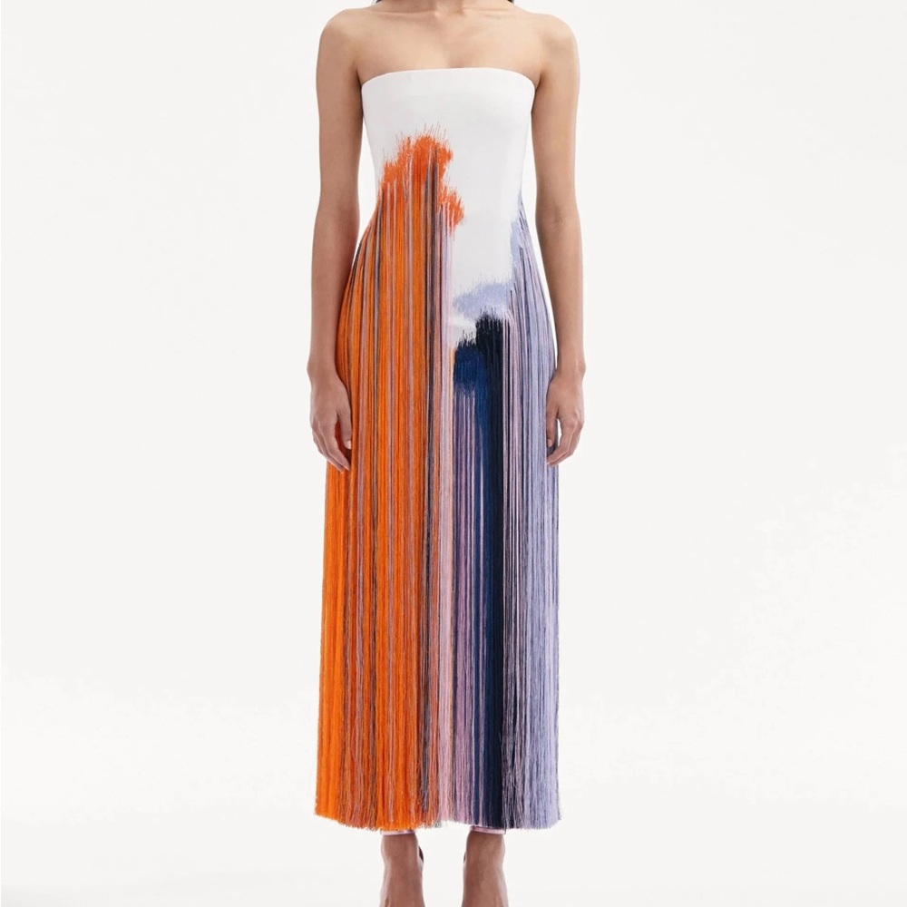 Art-Inspired Brushstroke Fringe Strapless Multicolor Dress NWT - Size Medium